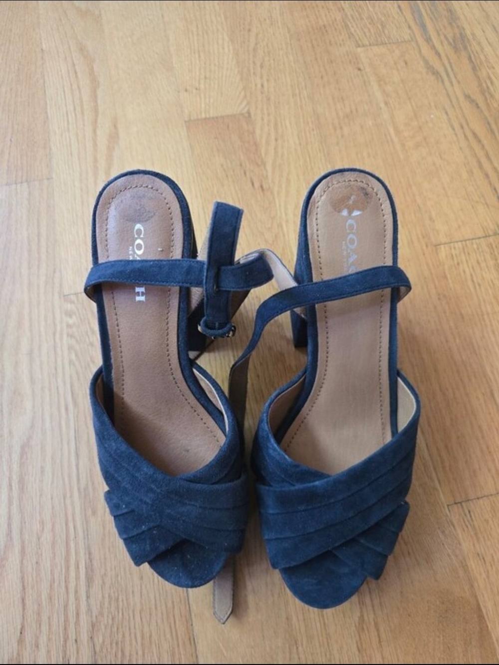 Coach Navy Suede Open-Toe Heels with Ankle Strap